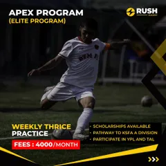 The Apex Program offers weekly thrice practice sessions and a direct pathway to KSFA A Division. Scholarships are available for standout performers.