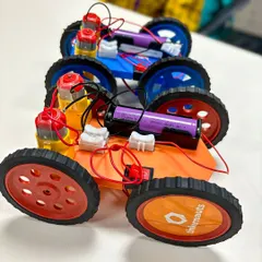 A pair of electric cars built by kids during our workshop at Yahoo India. It's always impressive to see the different creative touches each child adds to their project.