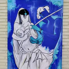 This painting explores the divine love between Radha and Krishna in a modern, abstract form. The use of white and blue creates a stark, emotional contrast, representing their spiritual union.