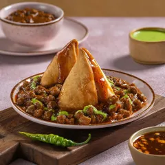 Two perfectly fried samosas served on a bed of spicy chole, drizzled with tamarind and mint chutneys.
