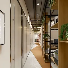 This is the main lobby and corridor in the IT office. We used open shelving with greenery and clean lines to create a pathway that feels open and connects the different zones of the office.