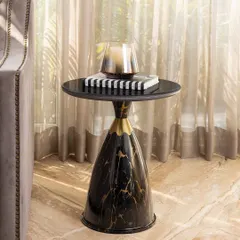 The Obsidian Luxe Accent Table adds refined luxury to any interior. It features a striking black and gold marble-effect base with a sleek black top, creating a dramatic and sophisticated look.