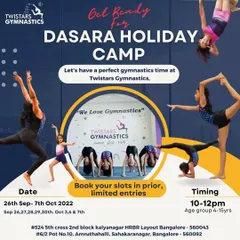 Don't miss our Dasara Holiday Camp. It's the perfect opportunity for kids aged 4-15 to experience the excitement of gymnastics. Book your slots now.