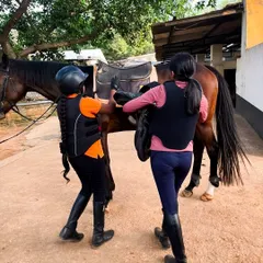 Two campers work together to properly place a saddle on their horse. Learning to tack up correctly is a fundamental skill that teaches responsibility and ensures the safety and comfort of both horse and rider.