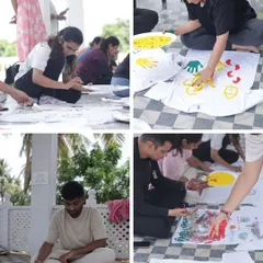 This collage shows participants deeply engaged in the t-shirt painting process during a healing retreat. You can see different approaches, from using handprints to intricate brushwork, each telling a unique, personal story.