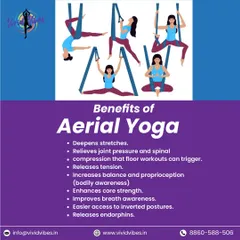 Dive deeper into the benefits. Aerial yoga helps deepen stretches, releases joint pressure, enhances core strength, and even releases endorphins to boost your mood.