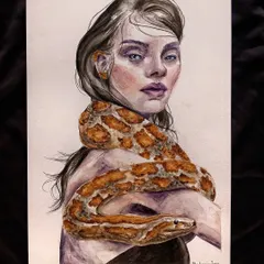 "Wild lives in her soul" is a watercolor painting where I explored themes of inner strength and our connection to the natural world. The detail in the snake and the subject's expression was a meditative process, aiming to capture a quiet but powerful intensity.