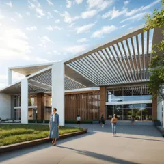 A closer look at the entrance of the North Karnataka college, highlighting the interplay between the strong vertical pillars and the horizontal lines of the pergola. This detail demonstrates our focus on creating architecturally significant entryways that are both impressive and human-scaled.