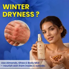 Battling winter dryness? This image shows how to nourish your skin from the inside and out by using almonds, ghee, and a rejuvenating body mist to stay soft, supple, and radiant.