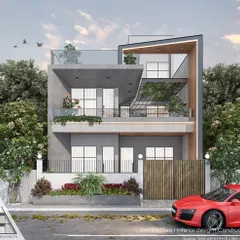 A single-family home design for a project in Bhopal. This elevation features a mix of materials and cantilevered volumes, creating a contemporary and dynamic residence.