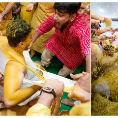 The beautiful chaos of a haldi ceremony. This collage shows the playful smearing of turmeric and the couple being joyfully covered in flower petals, showcasing the fun and energy of this beloved pre-wedding ritual.