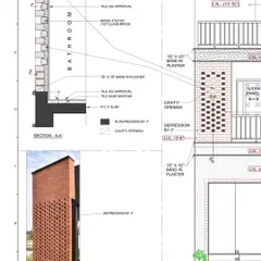 Attention to detail is key in my work. This is a technical drawing showing the facade detailing for an exposed brick wall with a jali screen, illustrating how I plan for both aesthetics and proper construction.