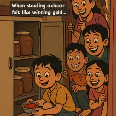For us kids, stealing achar from the pantry felt like winning a gold medal. This artwork brings back the memory of those shared secrets and the triumphant taste of a stolen piece of pickle.