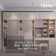 This reach-in wardrobe combines sliding doors with open shelving and an integrated desk nook. It's a perfect example of a multi-functional design that saves space while providing ample storage and a dedicated workspace.