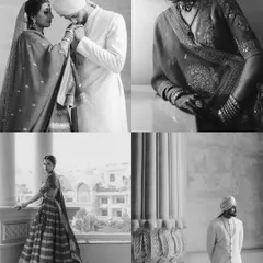 A beautiful black and white collage showcasing different facets of the wedding, from an intimate couple portrait to stunning solo shots of the bride and groom.