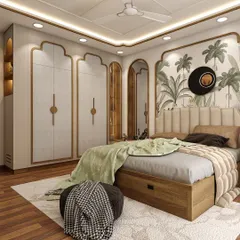 A closer look at the traditional-meets-modern bedroom, showing the arched wardrobe doors and the elegant integration of the vanity table.