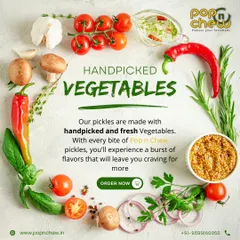 The secret to our flavour is freshness. I handpick all our vegetables in small batches to ensure only the best quality makes it into your jar. This graphic shows our commitment to using fresh, natural ingredients in every pickle we make.