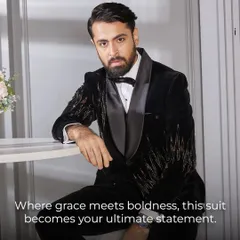 Where grace meets boldness, this suit becomes your ultimate statement. A close-up on our black velvet tuxedo reveals the striking gold embroidery, designed for a man who isn't afraid to stand out.
