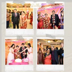 Celebrating a milestone anniversary with joy and laughter. This collage shows the happy couple, the cake-cutting ceremony, and guests dancing, all part of a memorable celebration.