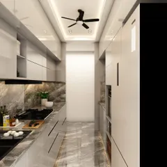 This view of the galley kitchen highlights the efficient layout, with ample storage and countertop space on both sides, perfect for compact homes.