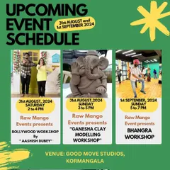 Our event schedule often includes a mix of dance and art. Here you can see a weekend lineup with both a Bollywood workshop and a high-energy Bhangra session.