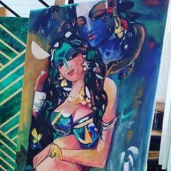 This modern interpretation of Radha and Krishna shows how acrylics can be used for contemporary figurative art, blending bold colors and expressive forms.