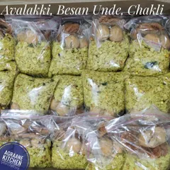These individually packed snacks were prepared for a religious family function. Each packet contains Avalakki, Besan Unde, and Chakli, making it a convenient and traditional offering for guests.