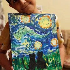 My student Nikshay with his amazing version of Van Gogh's 'Starry Night'. It's a joy to see kids stick with art long-term and tackle challenging projects.