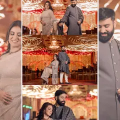 A collection of portraits of the couple at their reception, capturing their regal attire and the grand decor.