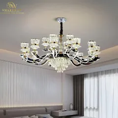 This is our Manila Smart LED Chandelier, a beautiful mix of classic crystal and modern design. It's not just about looks; you can control it with your phone or voice, and it has three color modes to match your mood.