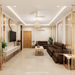 This view of the Hyderabad living room project shows how I integrate the TV unit and entryway. The design uses decorative partitions to create a sense of arrival without closing off the space, maintaining an open and airy feel.