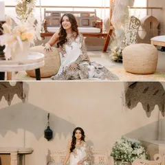 A collection of bridal portraits of Radheeka at Fairmont Jaipur. The soft sunset light and elegant decor create a dreamy, romantic atmosphere for her welcome event.
