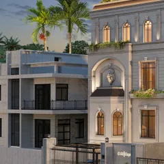 Another view of the Faridabad villa, showing the interplay of different volumes and the detailed molding around the windows and roofline. The design is a celebration of traditional architectural forms.
