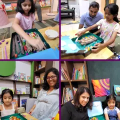 A collage showcasing the various creative stations at our Gruffalo party. Children are seen building creature habitats in boxes and posing with their finished projects alongside their parents.