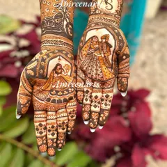 A stunning bridal mehandi design featuring a motorcycle, the couple's initials, and portraits. I love creating personalized art that reflects your unique story.