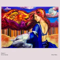 Titled "Dream 2," this oil on canvas explores the inner world of a woman. The swan represents grace and the surreal landscape in her hair signifies the vastness of her thoughts and dreams.