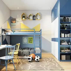 This shared kids' room features a custom blue bunk bed with an integrated desk below. The wall-mounted shelving and full-height wardrobe provide ample storage for two.