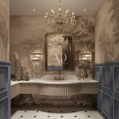 This powder room makes a bold statement with its dramatic wallpaper and contrasting blue wainscoting. The fluted vanity and ornate mirror add layers of texture and sophistication, turning a small space into a jewel box.