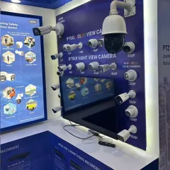 A look at our comprehensive display of surveillance cameras at an industry expo. We offer a wide range of IP cameras, including full-color view, true night view, and PTZ models with varying resolutions to suit any security need.