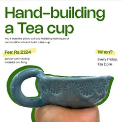 Learn to make your own tea cup from scratch in this fun one hour workshop. I'll teach you the pinch, coil, and marbling techniques of construction every Friday.