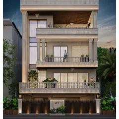 This 3D render showcases a neoclassical design, proving our versatility beyond modern architecture. We incorporated classic columns and detailed cornices to create a timeless and stately home elevation, demonstrating our ability to execute diverse architectural styles with precision.