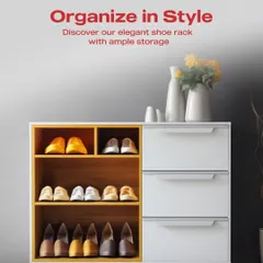 Organize your entryway in style with this modern shoe rack. It combines open shelving for frequently used shoes with closed drawers for other essentials. The two-tone finish of white and light wood gives it a fresh, contemporary look.