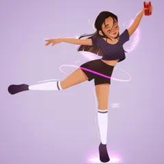 The full-body view of the Red Bull character illustration. This shows the complete pose and the glowing energy effect at her feet, creating a sense of movement and power.