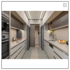This modern galley kitchen is a study in functional elegance. We used a neutral color palette, handleless cabinets, and integrated appliances to create a clean, uncluttered look that maximizes efficiency in a compact space.