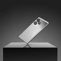 A sleek, minimalist shot of the realme GT6. The focus here is on the phone's clean lines and metallic finish, using a simple setup with a reflective surface to create a premium, high tech feel.