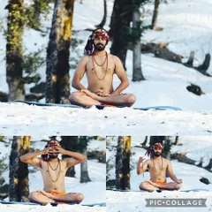 A collage of my personal practice in the snow-covered Himalayas. I am performing various asanas and mudras, embracing the stillness and power of the mountains.