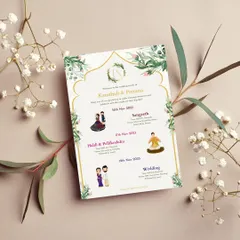 This tropical-themed wedding itinerary card is perfect for a destination celebration. It features cute animated couple illustrations for each event, surrounded by lush tropical foliage and delicate pastel flowers to set a fun, relaxed vibe.