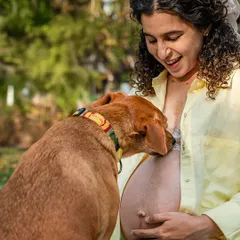 A gentle nudge for the little one on the way. This outdoor maternity shoot with two sweet indie dogs was all about capturing natural, sunny vibes and the love between a mom-to-be and her fur babies.