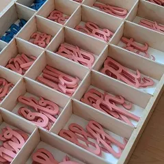 A closer look at the cursive Moveable Alphabet letters. Working with these tactile letters helps children internalize the shape and sound of each character, a key step in our language curriculum.