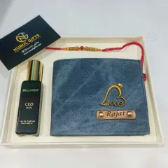 A simple and sweet Rakhi gift set with a personalized denim wallet, a Rakhi, and a Bella Vita CEO Man perfume.